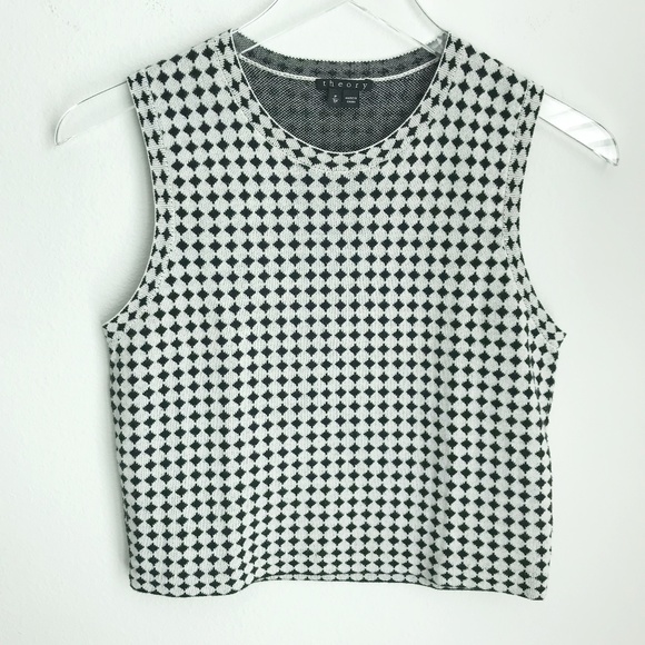 Theory Breeta D Geometric Cropped Sleeveless Sweater Shell XS/P Black White - Picture 2 of 5
